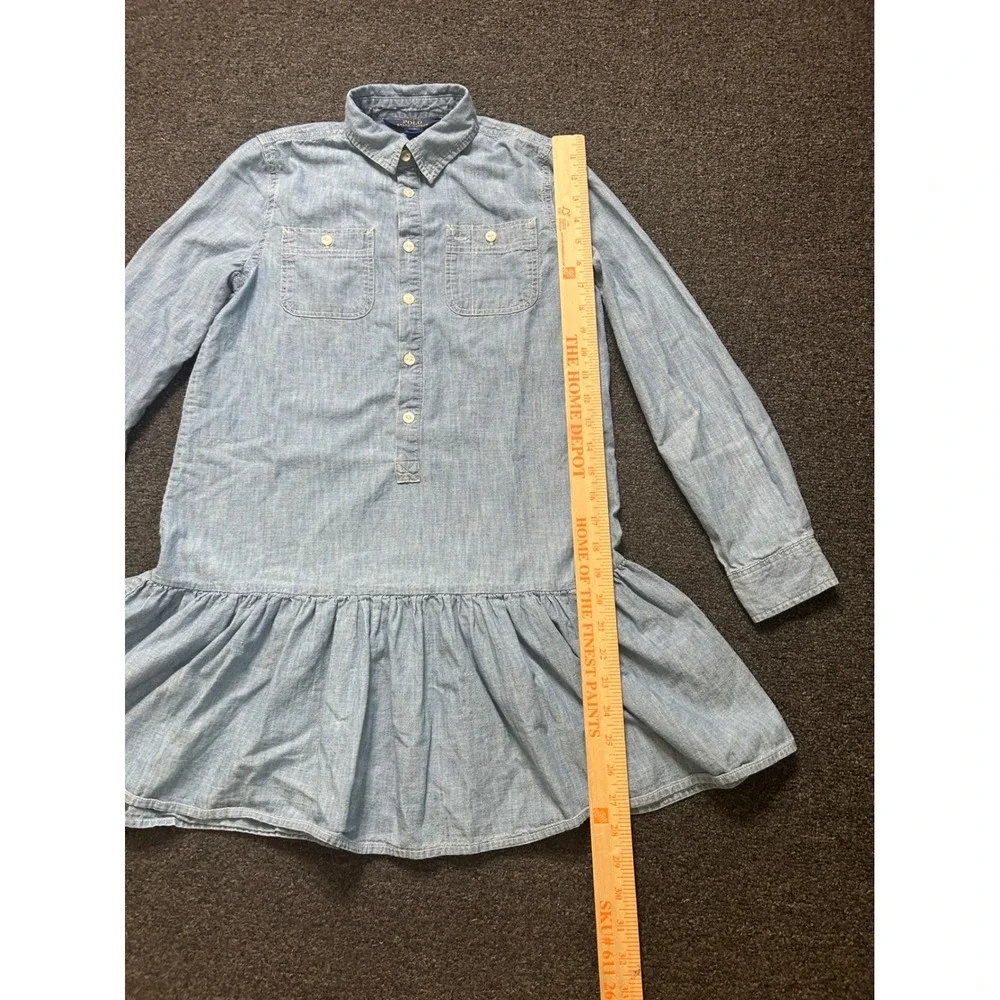 Polo‎ Ralph Lauren Dress Blue Girls 16 Chambray Drop Waist Ruffle Long Sleeve